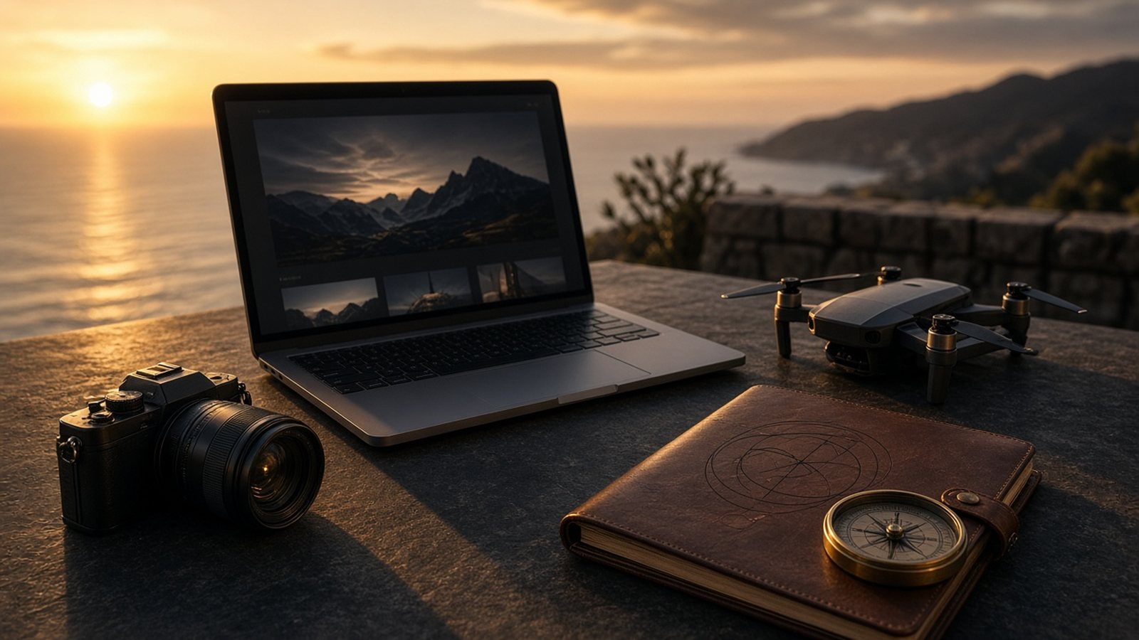 Founder's desk at golden hour: camera, drone, laptop and compass