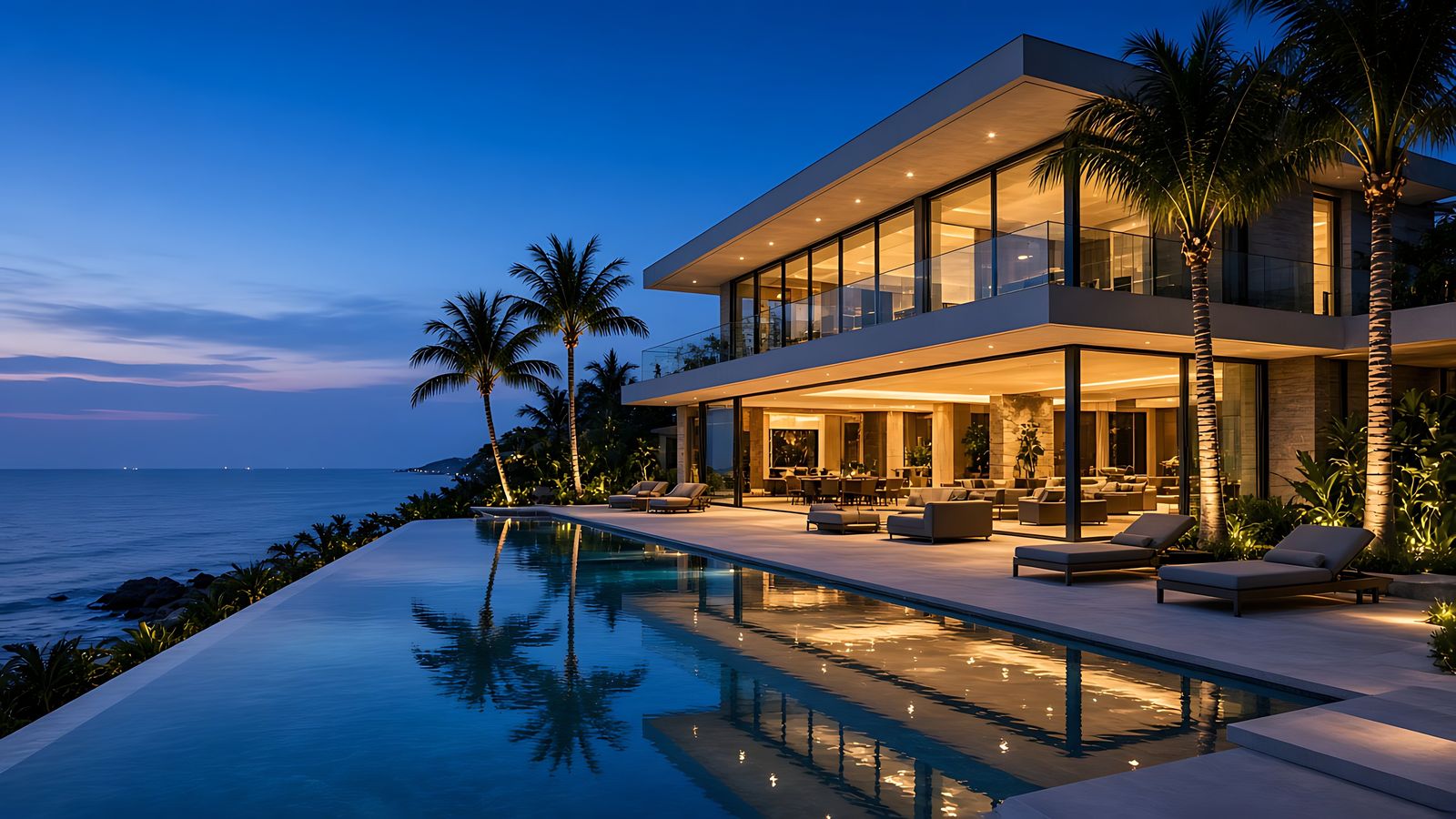 The finished villa at blue hour.